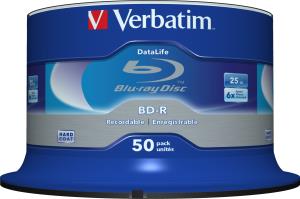 43838 VERBATIM BD-R DATALIFE 25GB 6X WHITE BLUE SURFACE 50 PK SPIN