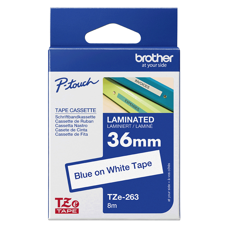 TZE263 Blue on White 8M x 36mm Gloss Tape thumbnail