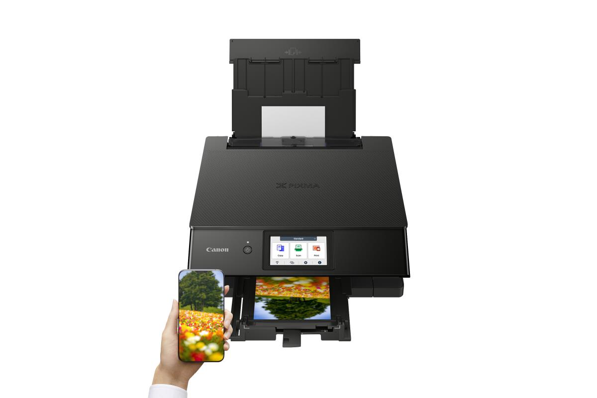 PIXMA TS8750 Black. A4 Multifunction Colour Printer. Print/Copy/Scan+Cloud. 4800x1200dpi. 15ipm mono, 10ipm colour. 6 inks. Max 300gsm paper. Duplex. CD/DVD Printing. USB/WIFI. Windows/MacOS/IOS/Android/ChromeOS thumbnail