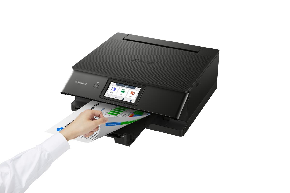 PIXMA TS8750 Black. A4 Multifunction Colour Printer. Print/Copy/Scan+Cloud. 4800x1200dpi. 15ipm mono, 10ipm colour. 6 inks. Max 300gsm paper. Duplex. CD/DVD Printing. USB/WIFI. Windows/MacOS/IOS/Android/ChromeOS thumbnail