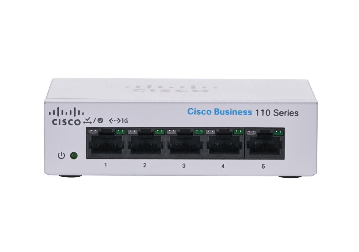Cisco Business 110 Series 110-5T-D - Switch - unmanaged - 5 x 10/100/1000 - rack-mountable, desktop, wall-mountable - DC power thumbnail