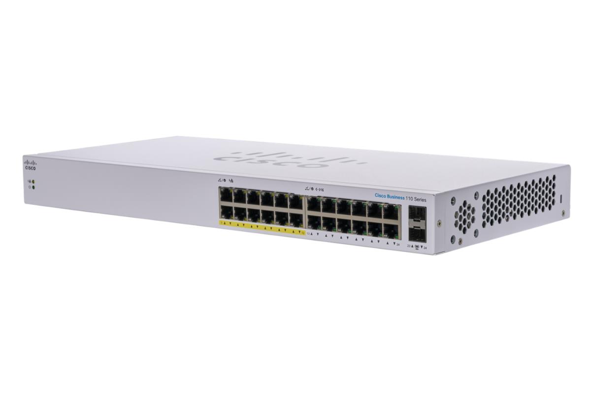 Cisco Business 110 Series 110-24PP - Switch - unmanaged - 12 x 10/100/1000 (PoE) + 12 x 10/100/1000 + 2 x combo Gigabit SFP - rack-mountable, desktop, wall-mountable - PoE (100 W) thumbnail