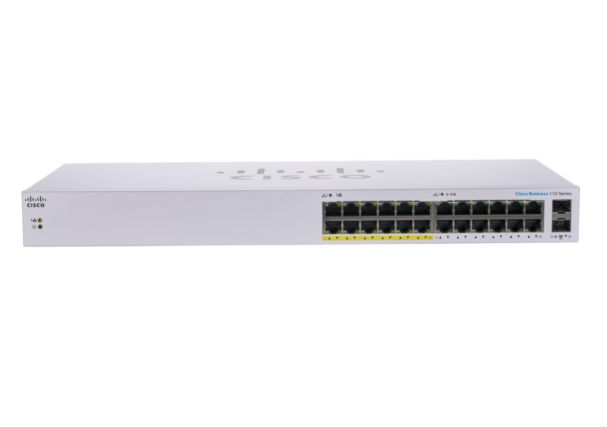 Cisco Business 110 Series 110-24PP - Switch - unmanaged - 12 x 10/100/1000 (PoE) + 12 x 10/100/1000 + 2 x combo Gigabit SFP - rack-mountable, desktop, wall-mountable - PoE (100 W) thumbnail