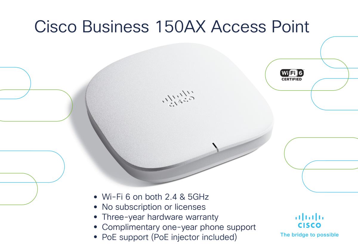 Cisco Business 150AX - Radio access point - Bluetooth, Wi-Fi 6 - 2.4 GHz, 5 GHz - wall / ceiling mountable thumbnail