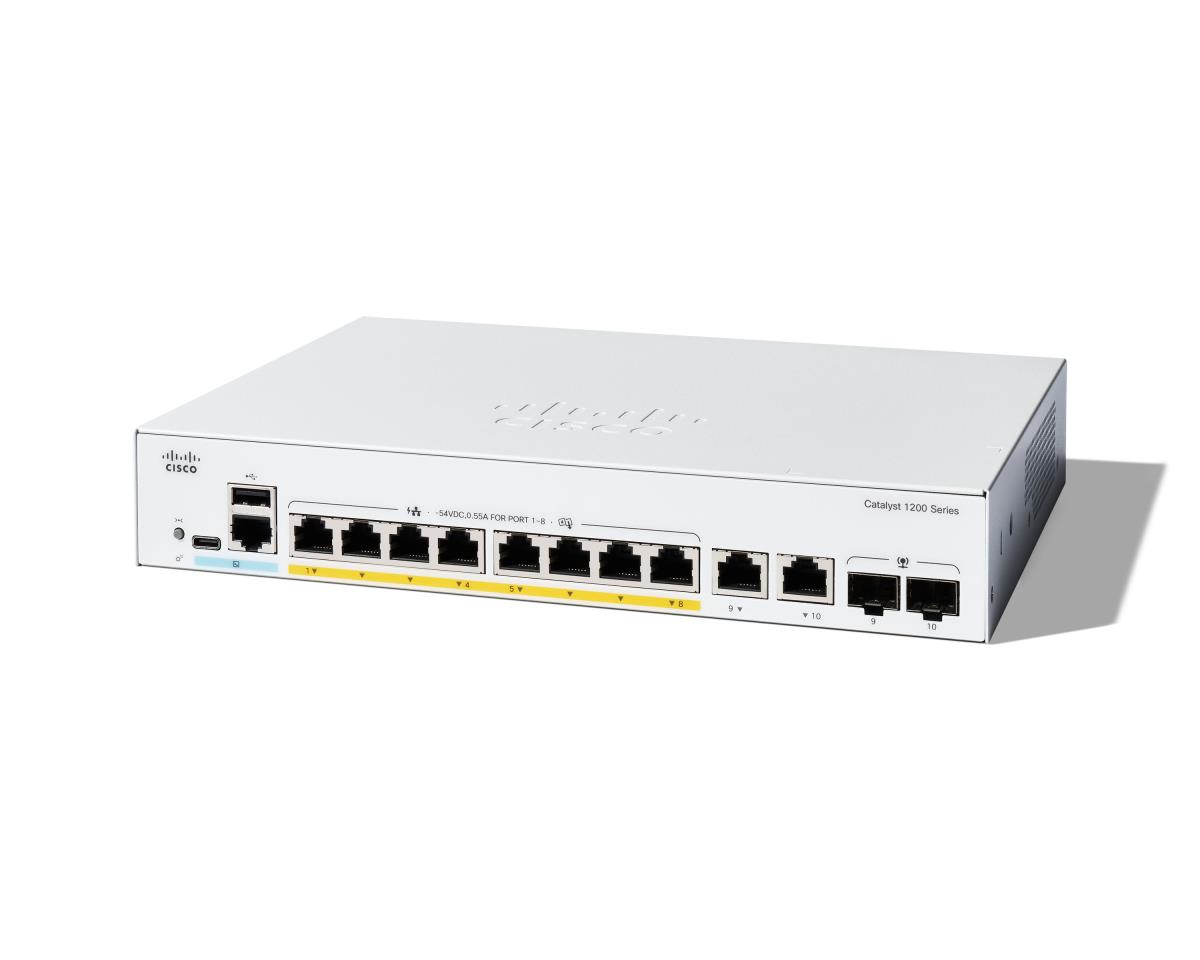 Cisco Catalyst 1200-8P-E-2G - Switch - L3 - smart - 8 x 10/100/1000 (PoE+) + 2 x combo Gigabit SFP/RJ-45 - rack-mountable - PoE+ (67 W) thumbnail