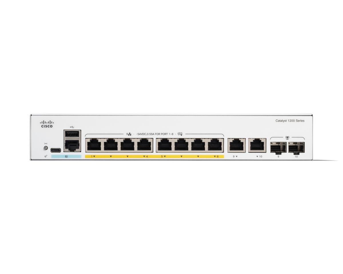 Cisco Catalyst 1200-8P-E-2G - Switch - L3 - smart - 8 x 10/100/1000 (PoE+) + 2 x combo Gigabit SFP/RJ-45 - rack-mountable - PoE+ (67 W) thumbnail