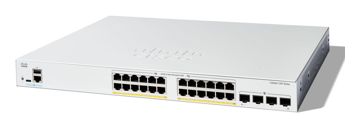 Cisco Catalyst 1200-24FP-4G - Switch - L3 - smart - 24 x 10/100/1000 (PoE+) + 4 x Gigabit Ethernet SFP - rack-mountable - PoE+ (375 W) thumbnail