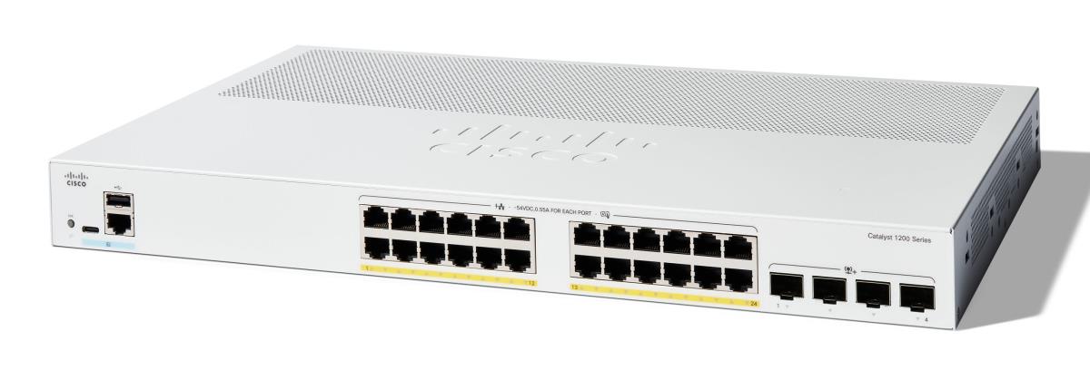 Cisco Catalyst 1200-24P-4X - Switch - L3 - smart - 24 x 10/100/1000 (PoE+) + 4 x 10Gb Ethernet SFP+ - rack-mountable - PoE+ (195 W) thumbnail