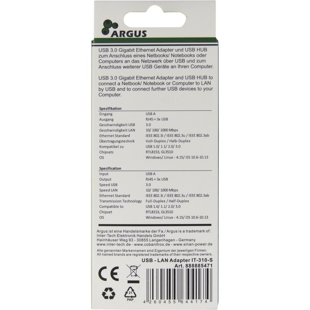 EU Product - LAN-Adapter Argus IT-310-S USB-A Gigabit Ethernet thumbnail