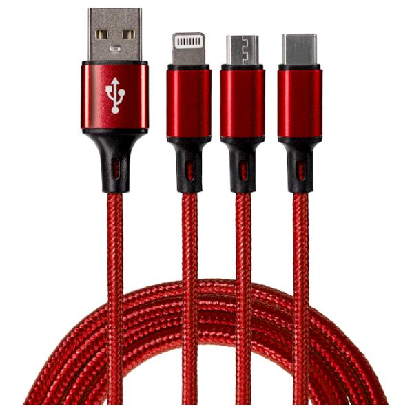 USB-A to 3-in-1 Multi-Charging USB-C / Lightning / Micro USB Braided Cable - Red thumbnail