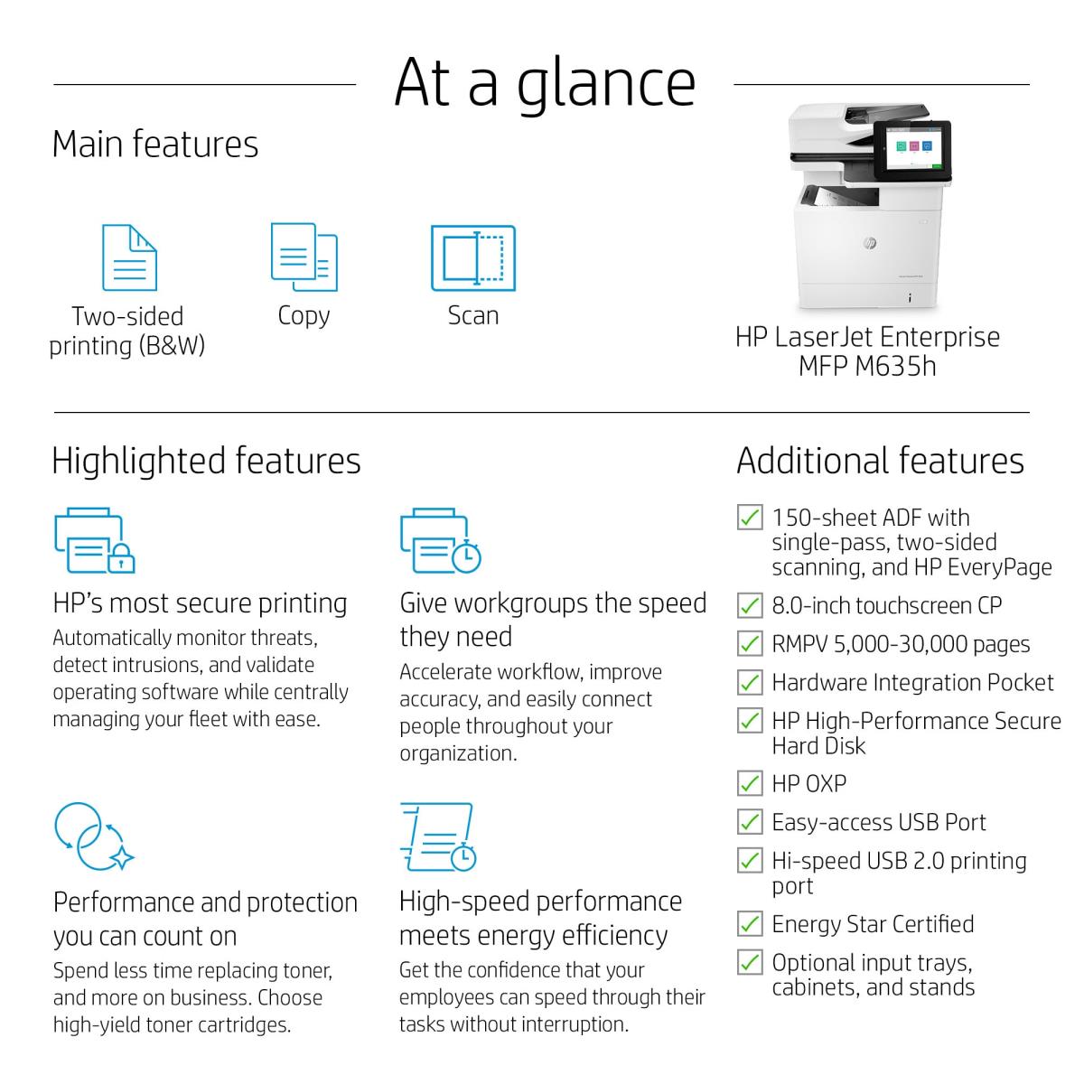 LaserJet Enterprise MFP M635h - Multifunction printer - B/W - laser - 216 x 864 mm (original) - A4/Legal (media) - up to 61 ppm (copying) - up to 61 ppm (printing) - 650 sheets - USB 2.0, Gigabit LAN, USB 2.0 host thumbnail