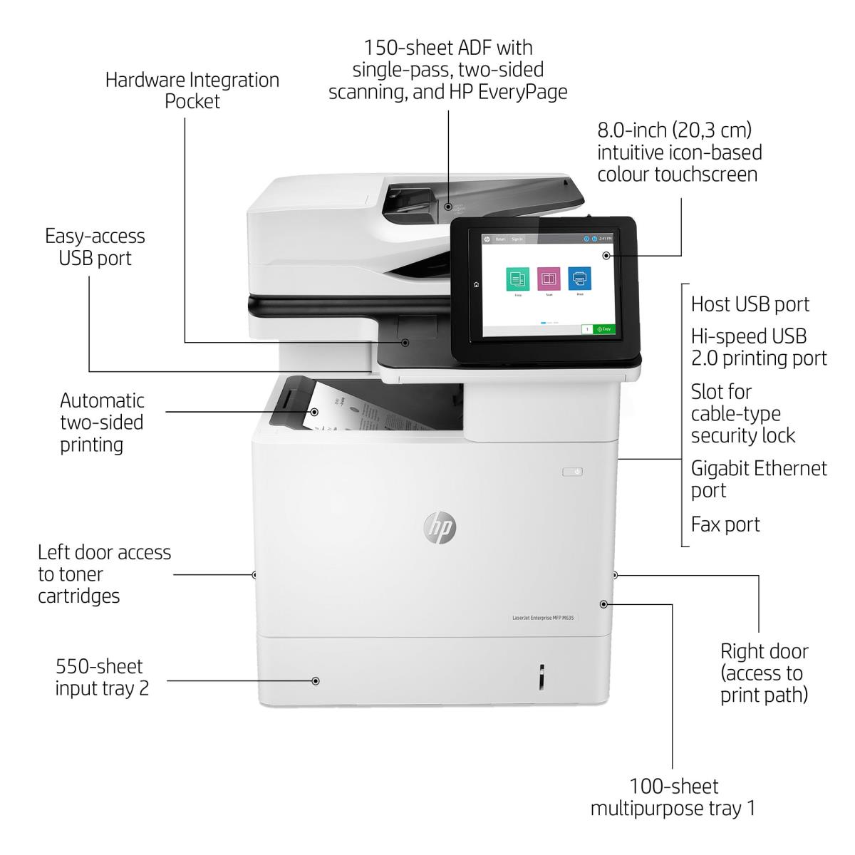 LaserJet Enterprise MFP M635h - Multifunction printer - B/W - laser - 216 x 864 mm (original) - A4/Legal (media) - up to 61 ppm (copying) - up to 61 ppm (printing) - 650 sheets - USB 2.0, Gigabit LAN, USB 2.0 host thumbnail