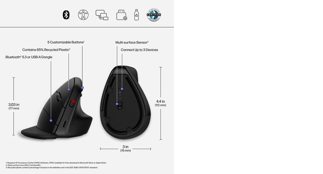 925 - Vertical mouse - ergonomic - 6 buttons - wireless - Bluetooth 5.3, 2.4 GHz - USB wireless receiver - black - 100% paper-based packaging thumbnail