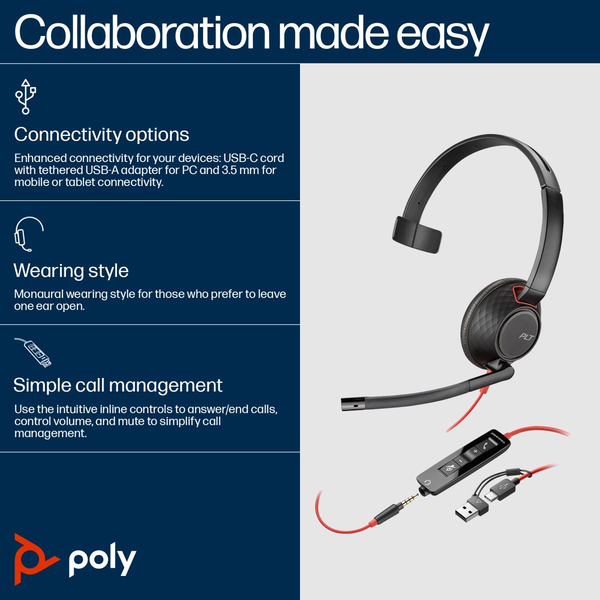 Blackwire 5210 USB-C Monaural Headset with 3.5mm Plug + USB-C/A Adapter thumbnail