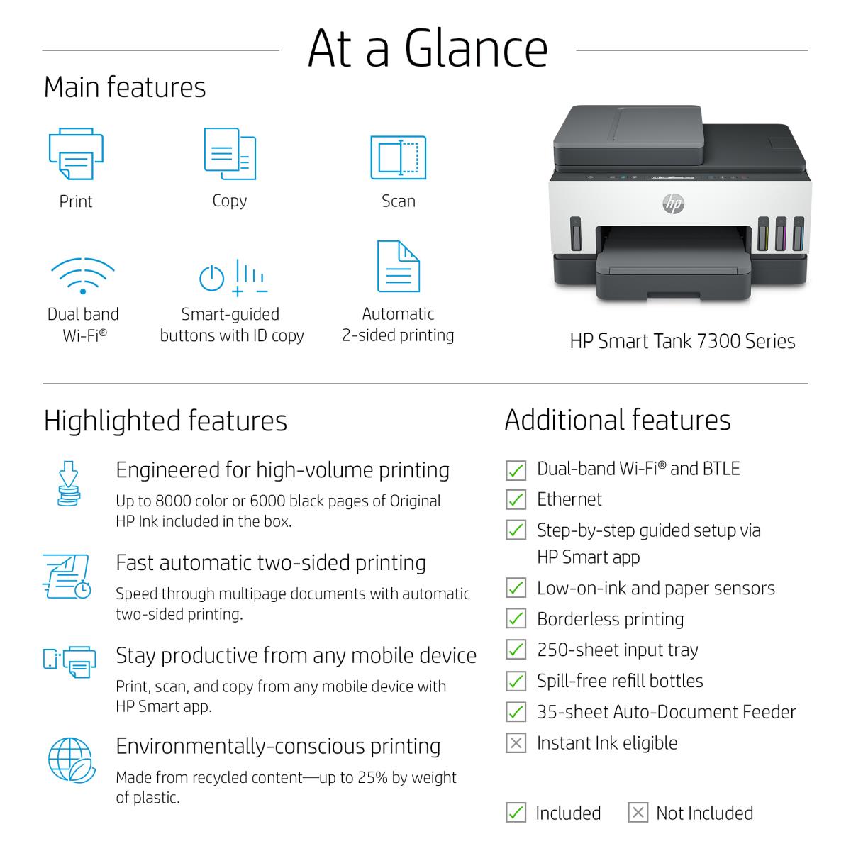 Smart Tank 7308 All-in-One - Multifunction printer - colour - ink-jet - refillable - Legal (216 x 356 mm) (original) - A4/Legal (media) - up to 13 ppm (copying) - up to 15 ppm (printing) - 250 sheets - USB 2.0, Wi-Fi(n), LAN thumbnail