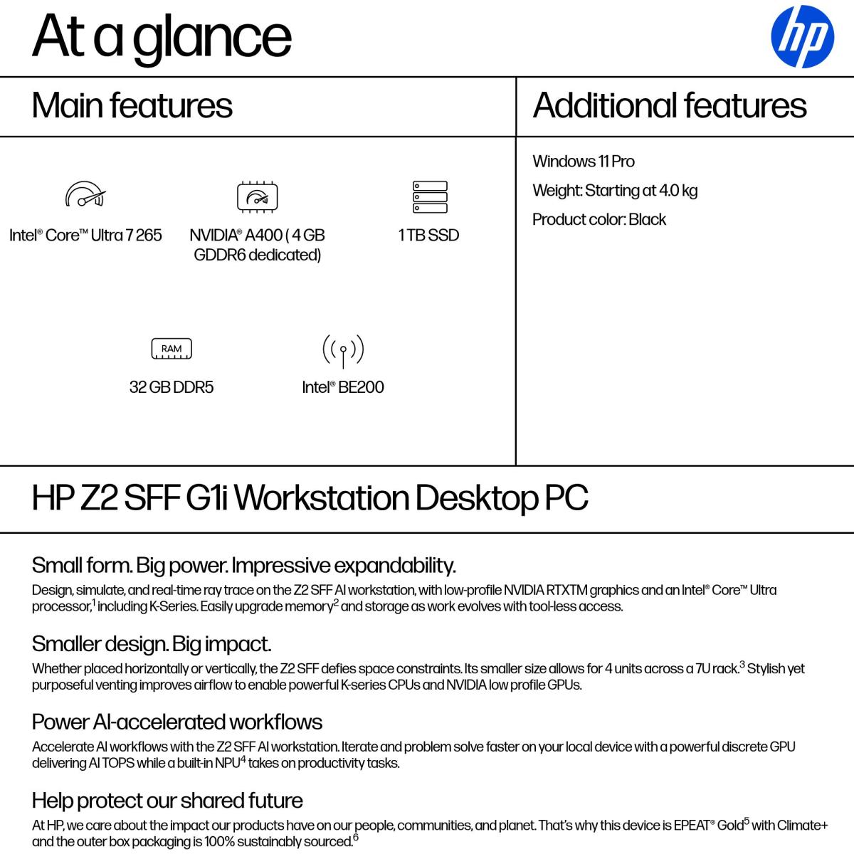 Workstation Z2 G1i - AI PC, AI Workstation - SFF 1 x Core Ultra 7 265 / up to 5.3 GHz - RAM 32 GB - SSD 1 TB - NVMe - RTX A400 - Gigabit Ethernet, IEEE 802.11ax (Wi-Fi 6), Bluetooth 5.4, IEEE 802.11be (Wi-Fi 7) - Win 11 Pro - monitor: none - keyboard: UK thumbnail