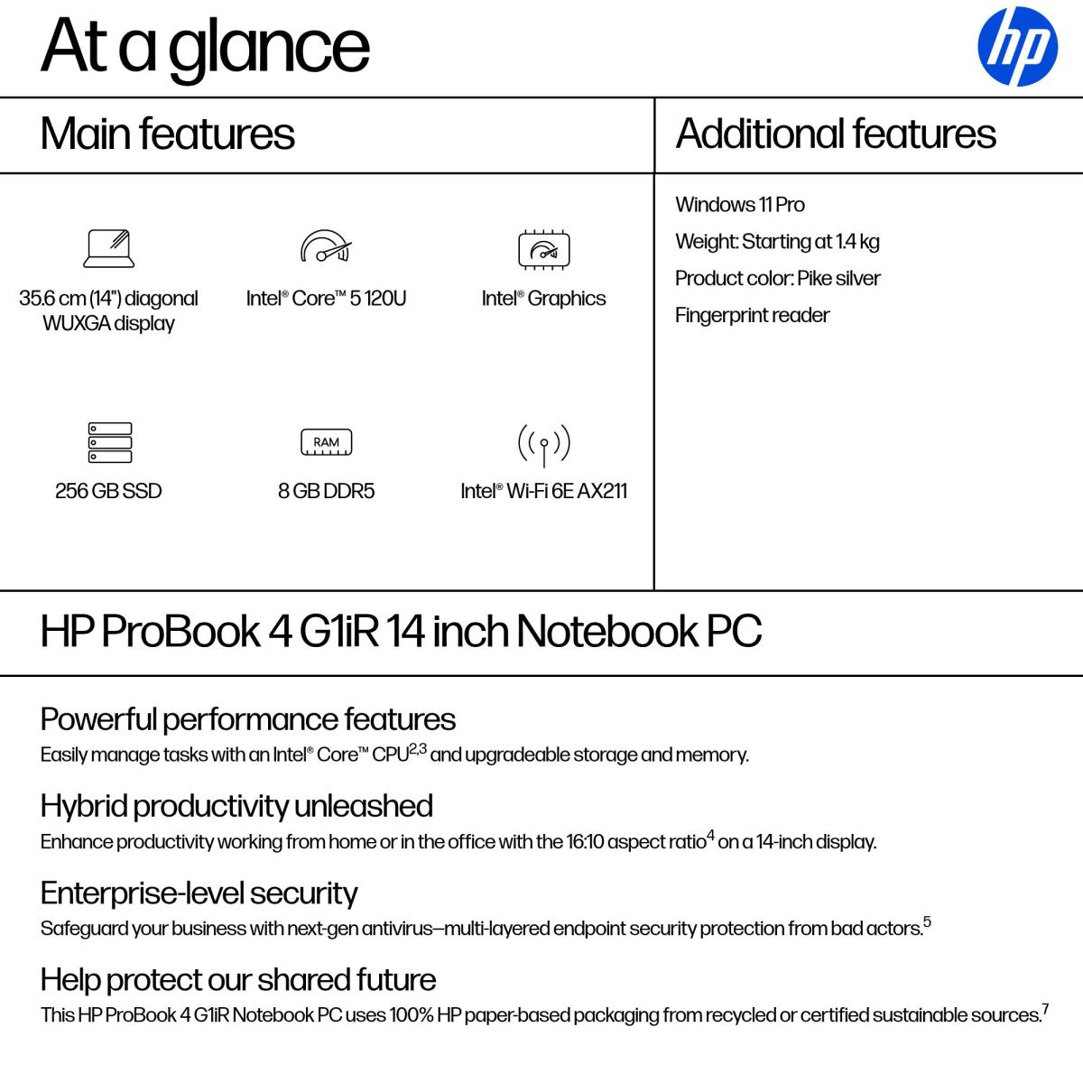 ProBook 4 G1iR Intel Core 5 120U 8GB RAM 256GB SSD 14 WUXGA Windows 11 Pro Laptop - Pike Silver - B3AC6AT#ABU thumbnail