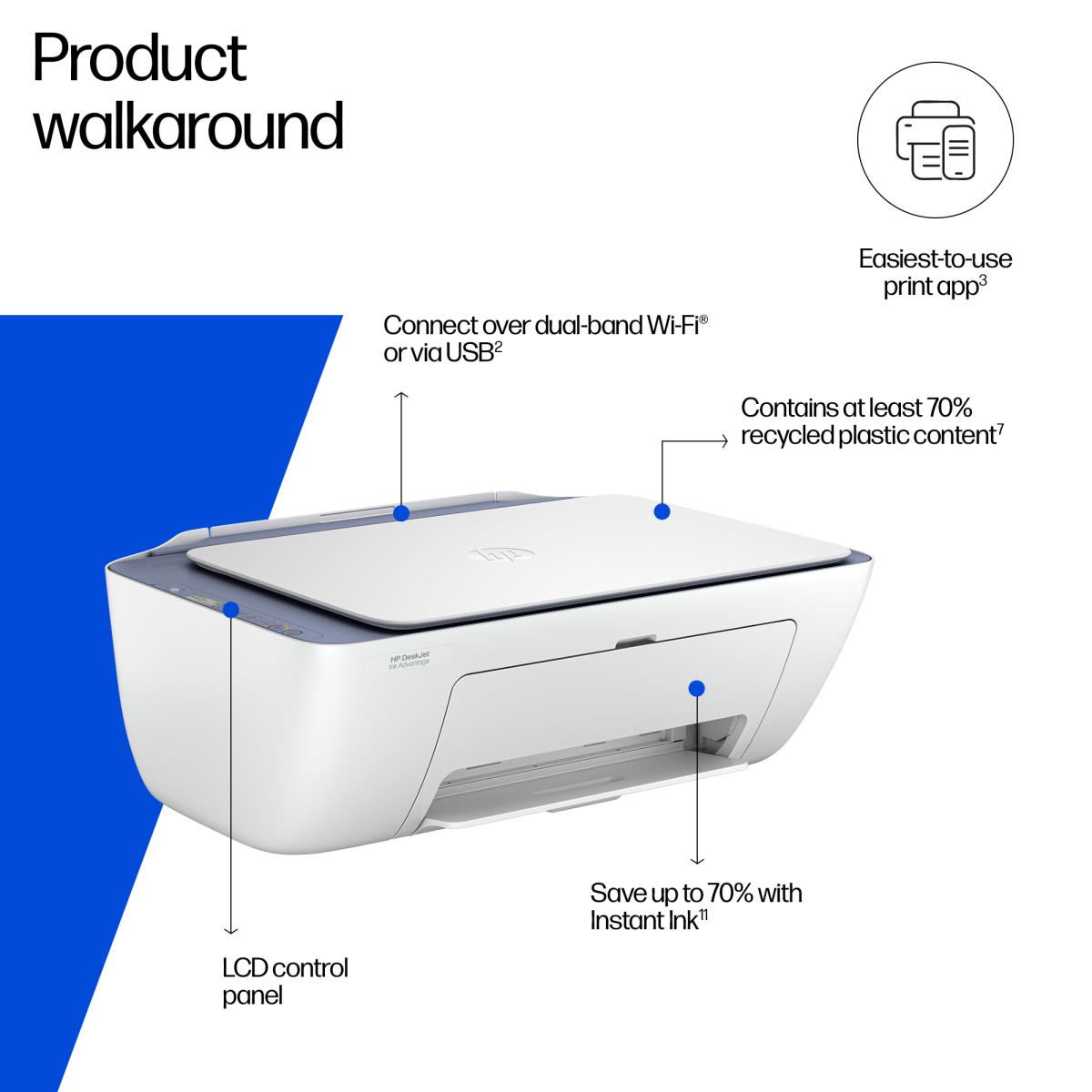 Deskjet 2922 All-in-One - Multifunction printer - colour - ink-jet - 216 x 297 mm (original) - A4/Legal (media) - up to 6 ppm (copying) - up to 7.5 ppm (printing) - 60 sheets - USB 2.0, Wi-Fi(n) - OOV white with evening fog accents thumbnail