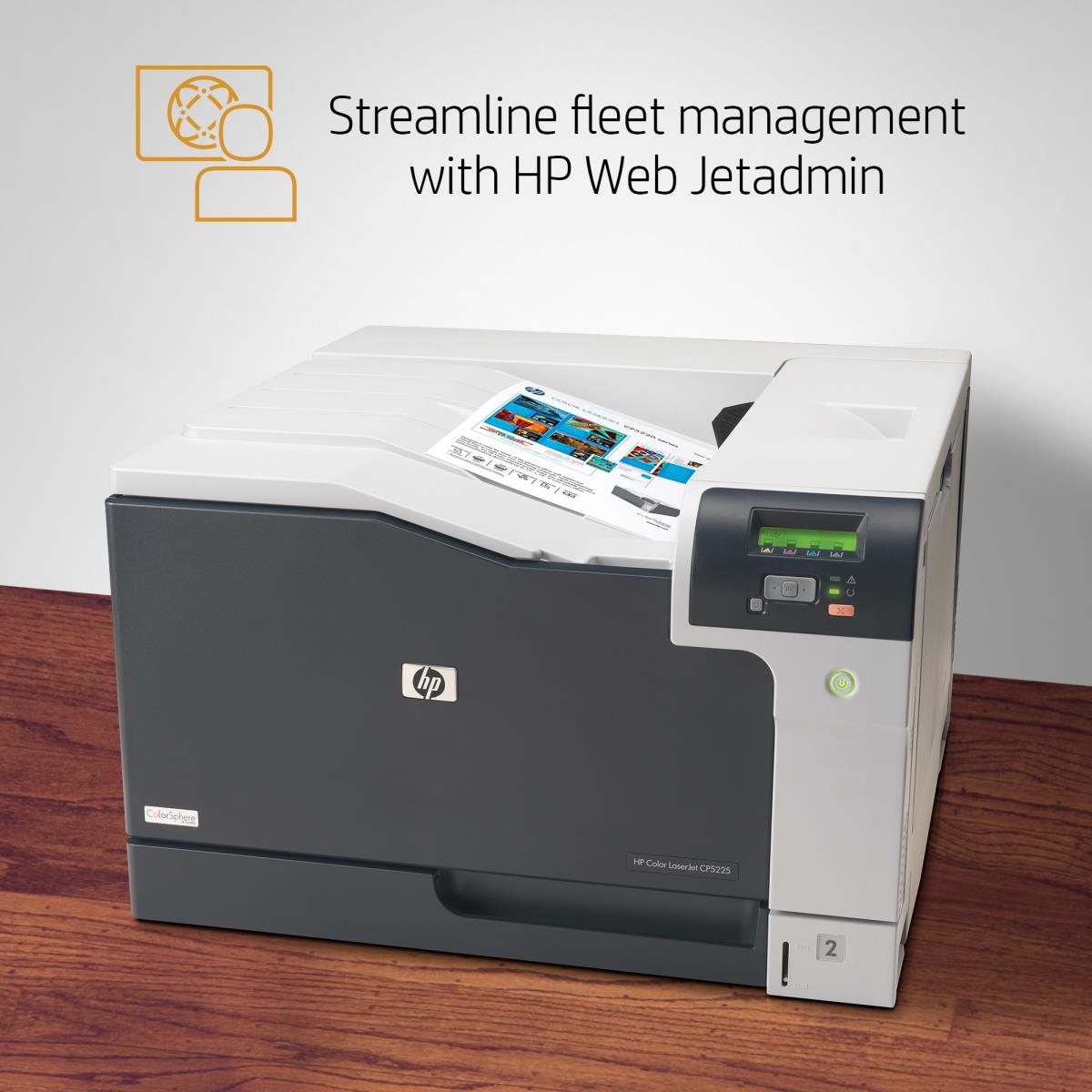 Color LaserJet Professional CP5225dn Printer, 20ppm mono and colour, A4, A3, duplex, 600x600dpi, 192MB memory, 250 paper tray, 100 sheet multi purpose tray, hi-speed USB 2.0, built-in fast ethernet 10/100Base-TX, HP PCL 6, HP PCL 5c, HP Postscript level 3 thumbnail