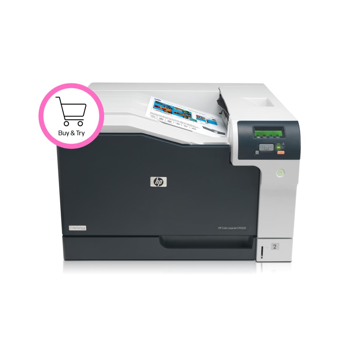 Color LaserJet Pro CP5225n, print, 20ppm mono & colour, A4, A3, 600x600dpi, 192MB, 100 sheet multi purpose paper tray, 250 sheet paper tray, hi-speed USB 2.0, fast ethernet 10/100Base-TX, one year warranty thumbnail