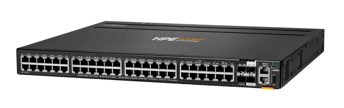 EU Product - E - Aruba 6200M 48G 4SFP+ Switch - Switch - Max. Stacking Distance 10 kms - L3 - managed - 48 x 10/100/1000 + 4 x 1 Gigabit / 10 Gigabit SFP+ (Uplink / Stacking) Front und Seite zu Hinterseite an Rack montierbar thumbnail