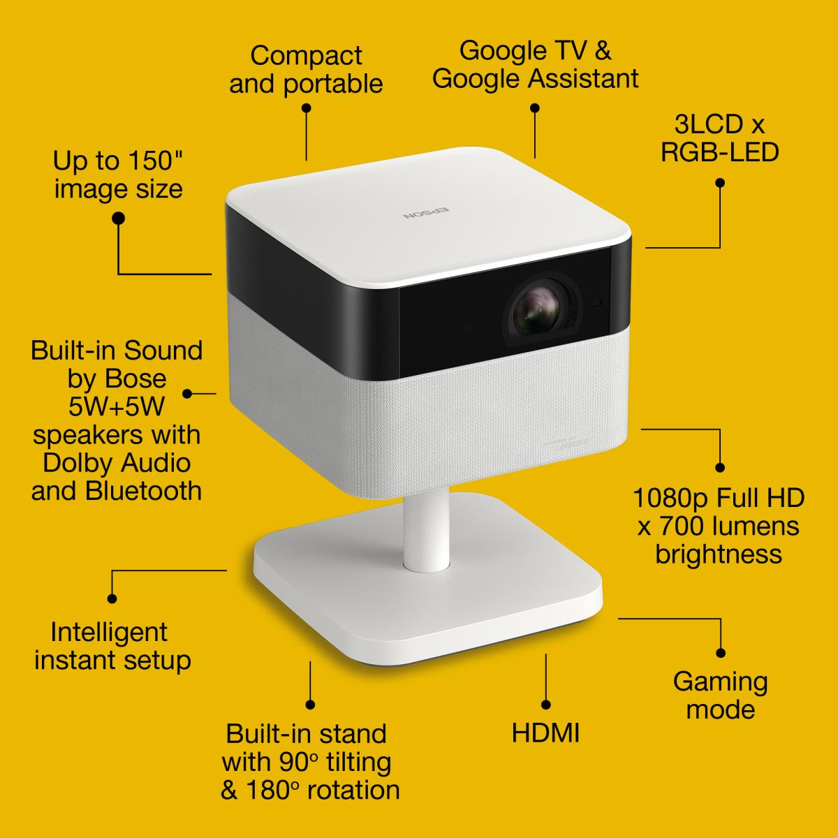 Lifestudio Flex EF-71 - 3LCD projector - 700 lumens (white) - 700 lumens (colour) - 16:9 - 1080p - 802.11a/b/g/n/ac wireless / Bluetooth - diamond white thumbnail