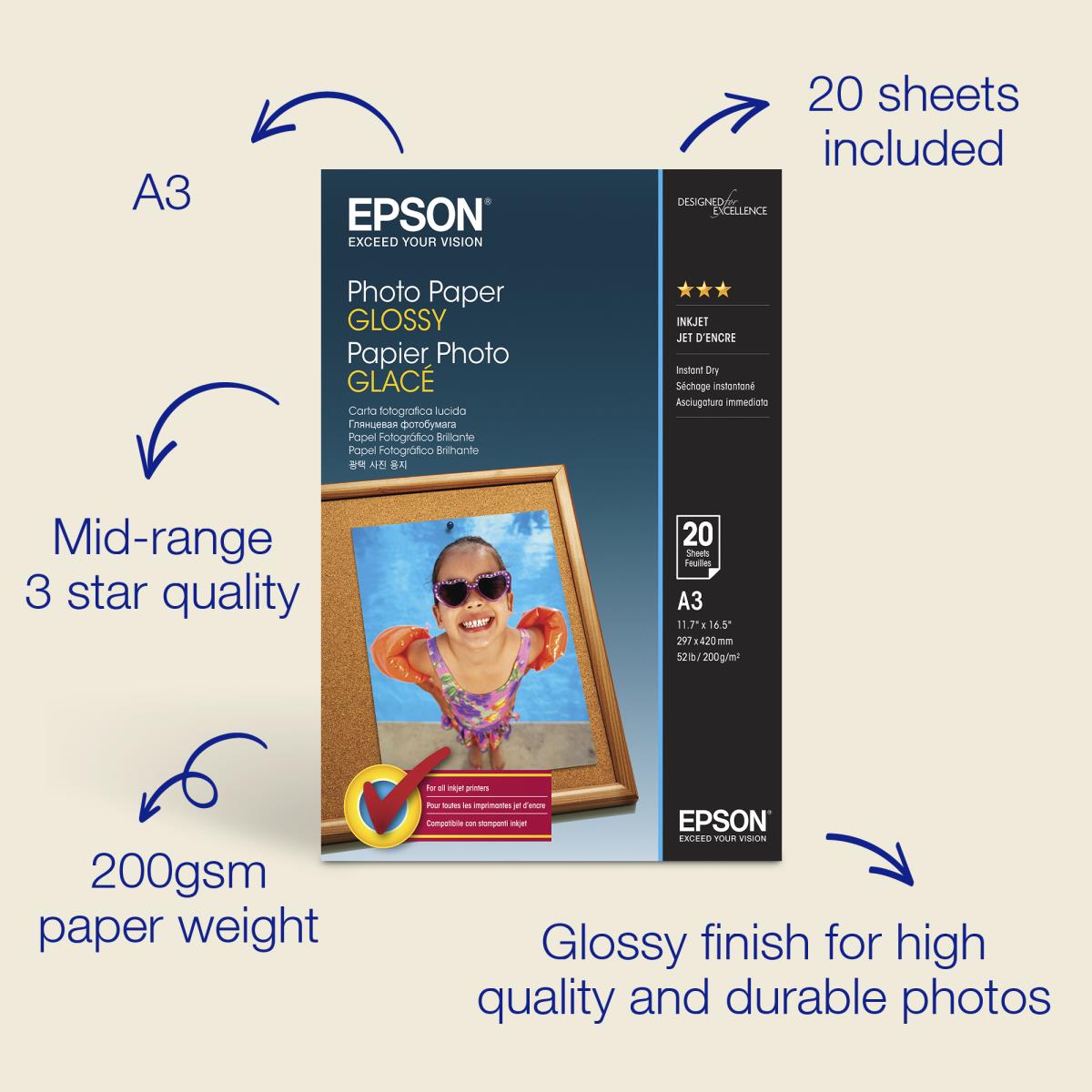 PHOTO PAPER GLOSSY A3C13S042536 20 SHEETS thumbnail