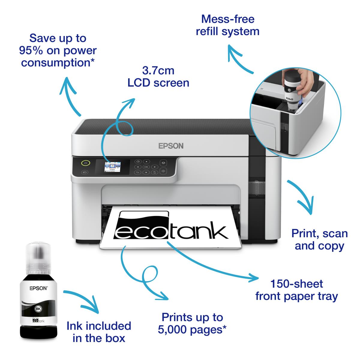 EcoTank ET-M2120 ET M2120 ETM2120 2120 - Multifunction printer - B/W - ink-jet - A4/Legal (media) - up to 15 ppm (printing) - 150 sheets - USB, Wi-Fi - white thumbnail
