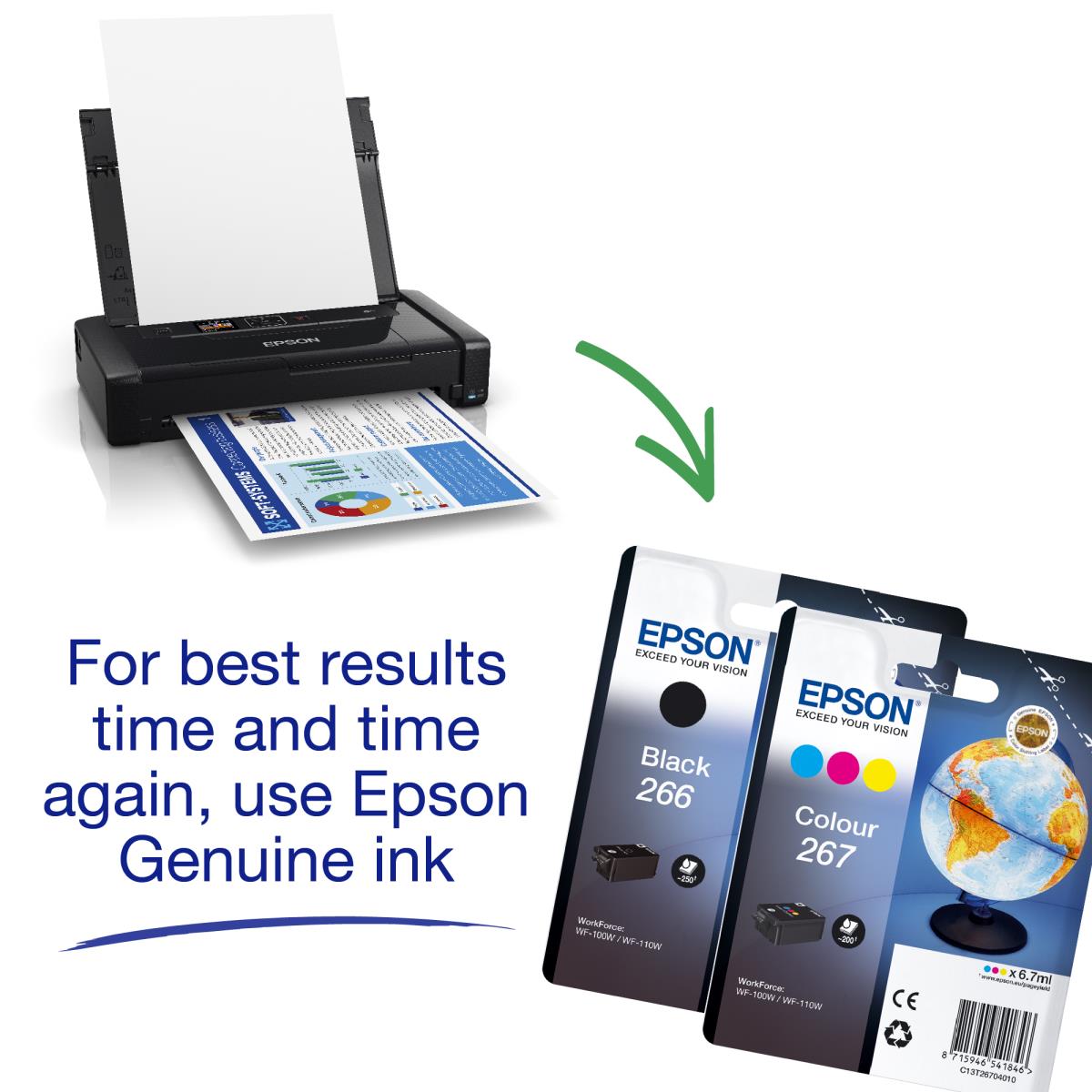 WorkForce WF-110W 110W WF110W WF110 110 W- Printer - colour - ink-jet - A4/Legal - 5760 x 1440 dpi - up to 7 ppm (mono) / up to 4 ppm (colour) - capacity: 20 sheets - USB 2.0, Wi-Fi(n) thumbnail