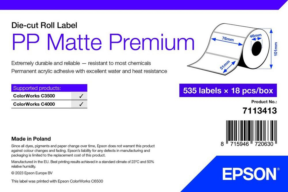 EU Product - Labels, Epson, Synthetic, PP Matte Label Premium, W: 76 mm, H: 51 mm, D: 95 mm, C: 40 mm thumbnail