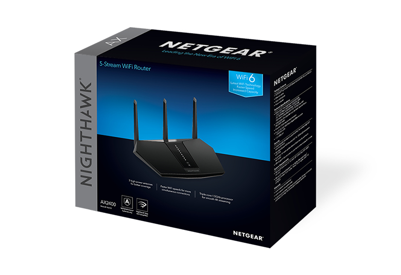 Nighthawk AX/5-Stream AX2400 WiFi 6 Router (RAX30) wireless router Gigabit Ethernet Dual-band (2.4 GHz / 5 GHz) Black - RAX30-100EUS thumbnail