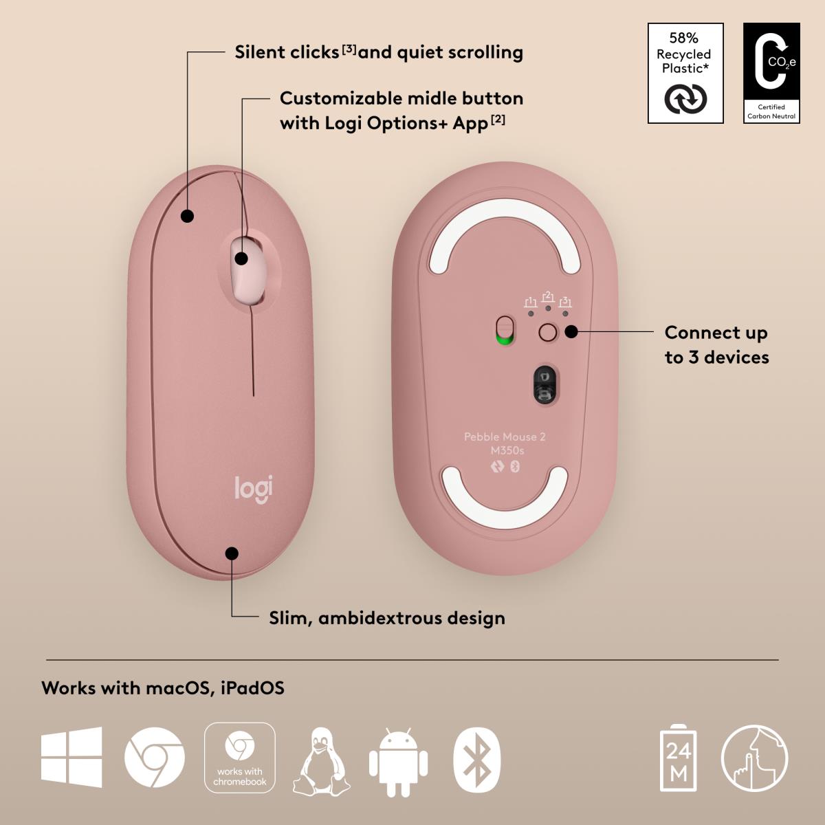 PEBBLE MOUSE 2 M350S ROSE DONGLELESS thumbnail