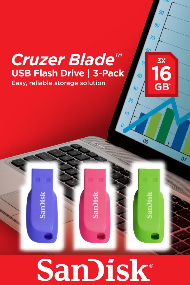 16GB Cruzer Blade USB 2.0 Flash Drive 3 Pack - Blue, Green and Pink thumbnail