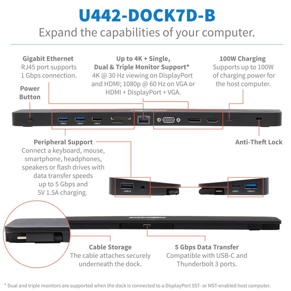 Usb-c dock, triple display - 4k hdmi & dp, vga, usb 3.2 gen 1, usb-a/c hub, gbe, 100w U442-DOCK7D-B thumbnail