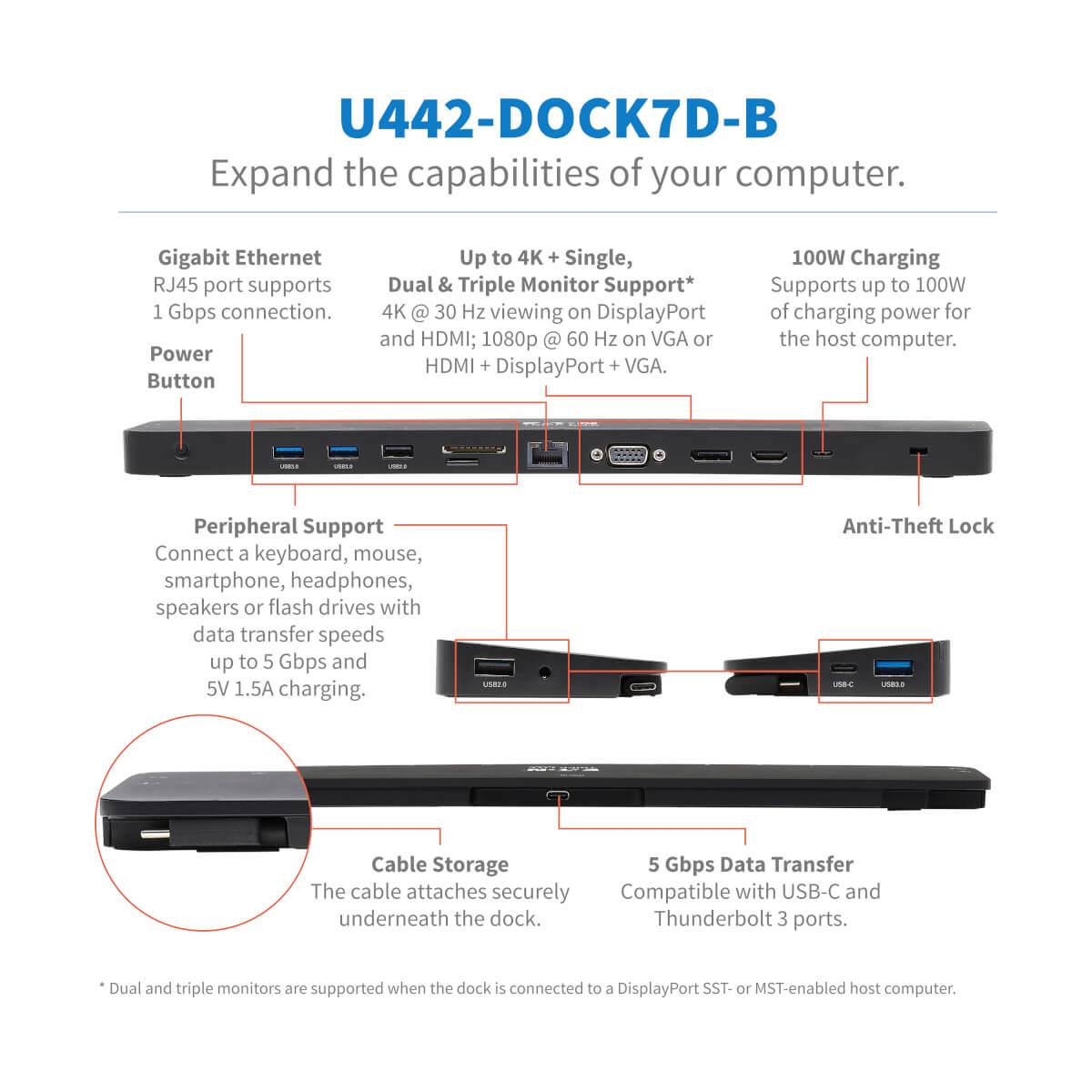 Usb-c dock, triple display - 4k hdmi & dp, vga, usb 3.2 gen 1, usb-a/c hub, gbe, 100w U442-DOCK7D-B thumbnail