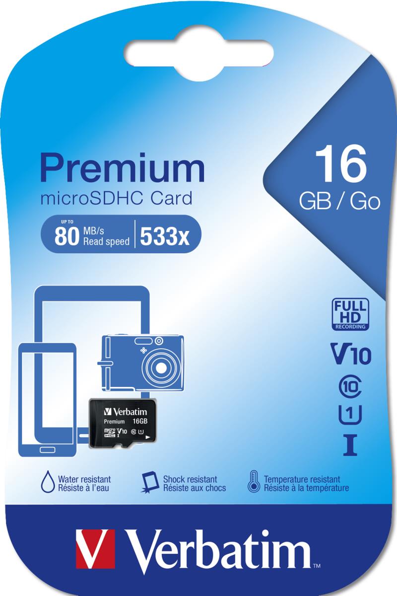 16GB Verbatim Premium U1 MicroSDHC Class 10 Memory Card thumbnail