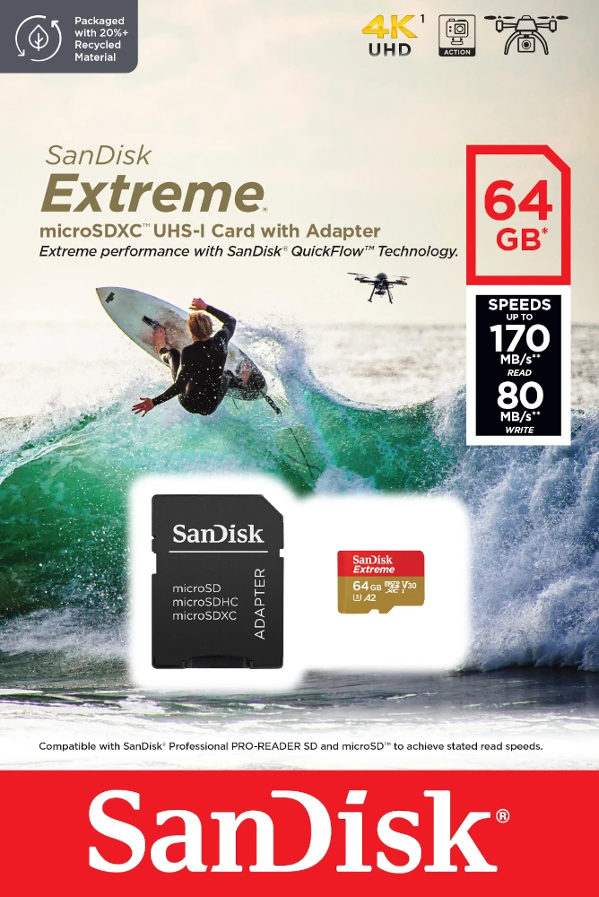 Extreme - Flash memory card (microSDXC to SD adapter included) - 64 GB - A2 / Video Class V30 / UHS-I U3 / Class10 - microSDXC UHS-I thumbnail
