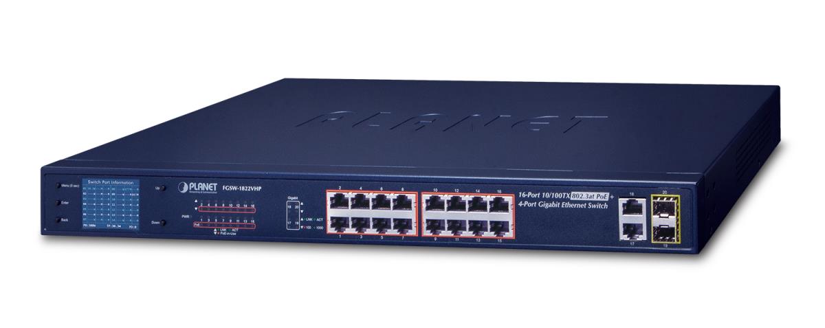 PLANET FGSW-1822VHP network switch Unmanaged Fast Ethernet (10/100) Power over Ethernet (PoE) 1U Blu thumbnail
