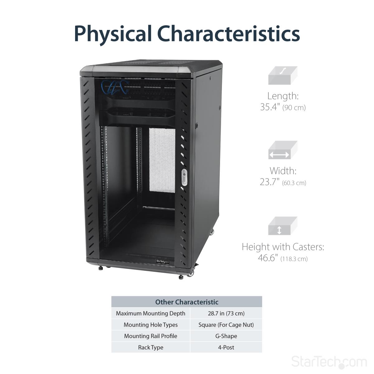 22U Server Rack Cabinet with secure locking door - 4 Post Adjustable Depth (5.5