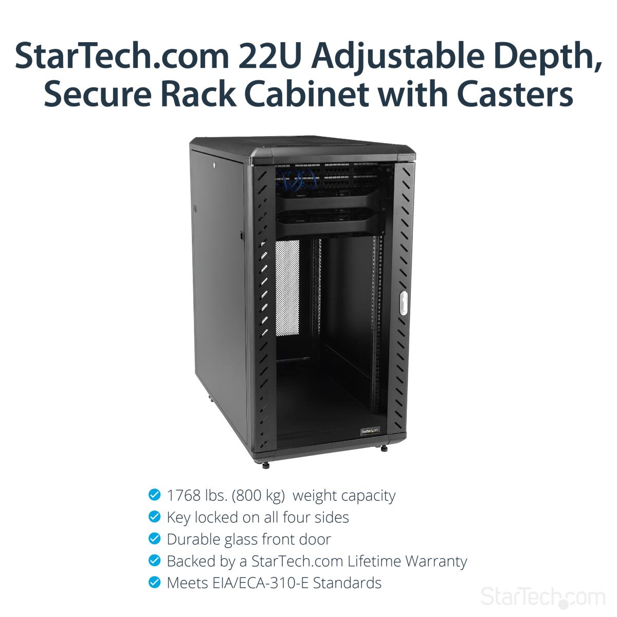 22U Server Rack Cabinet with secure locking door - 4 Post Adjustable Depth (5.5