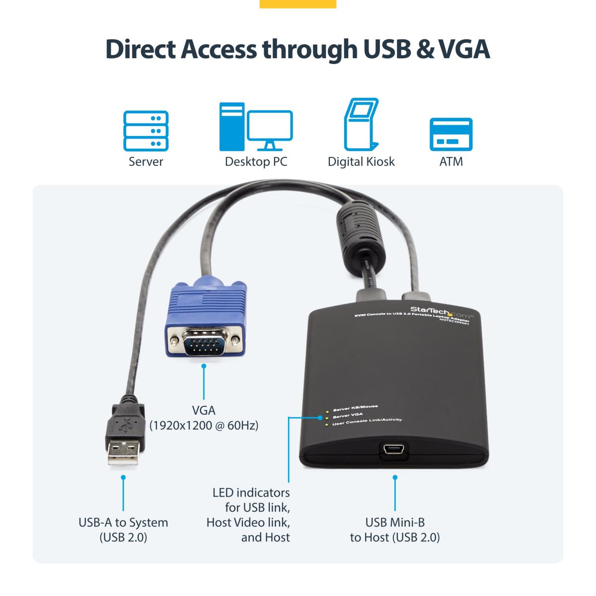 Crash Cart Adapter - 1920 x 1200 - Portable Laptop USB 2.0 to KVM Console (NOTECONS01) - KVM switch - 1 x KVM port(s) - 1 local user - desktop thumbnail