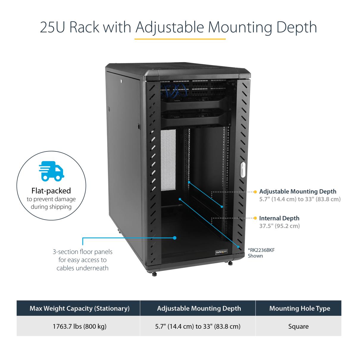 25U Network Rack Cabinet on Wheels - 36in Deep - Portable 19in 4 Post Network Rack Enclosure for Data & IT Computer Equipment w/ Casters (RK2536BKF) - Rack - 25U thumbnail