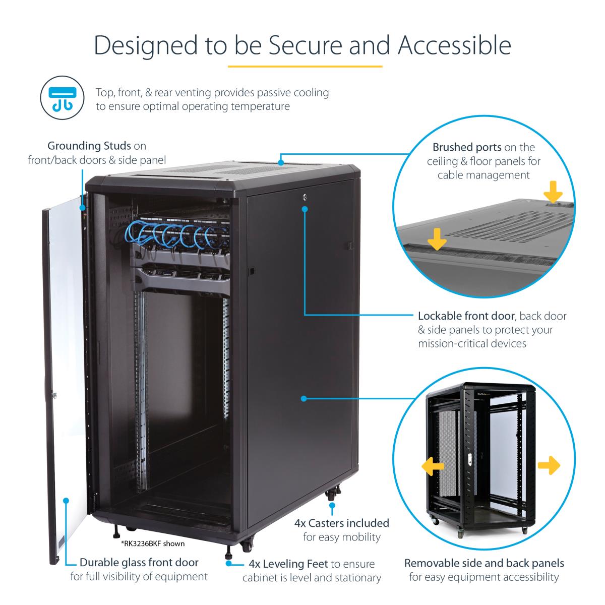 25U Network Rack Cabinet on Wheels - 36in Deep - Portable 19in 4 Post Network Rack Enclosure for Data & IT Computer Equipment w/ Casters (RK2536BKF) - Rack - 25U thumbnail