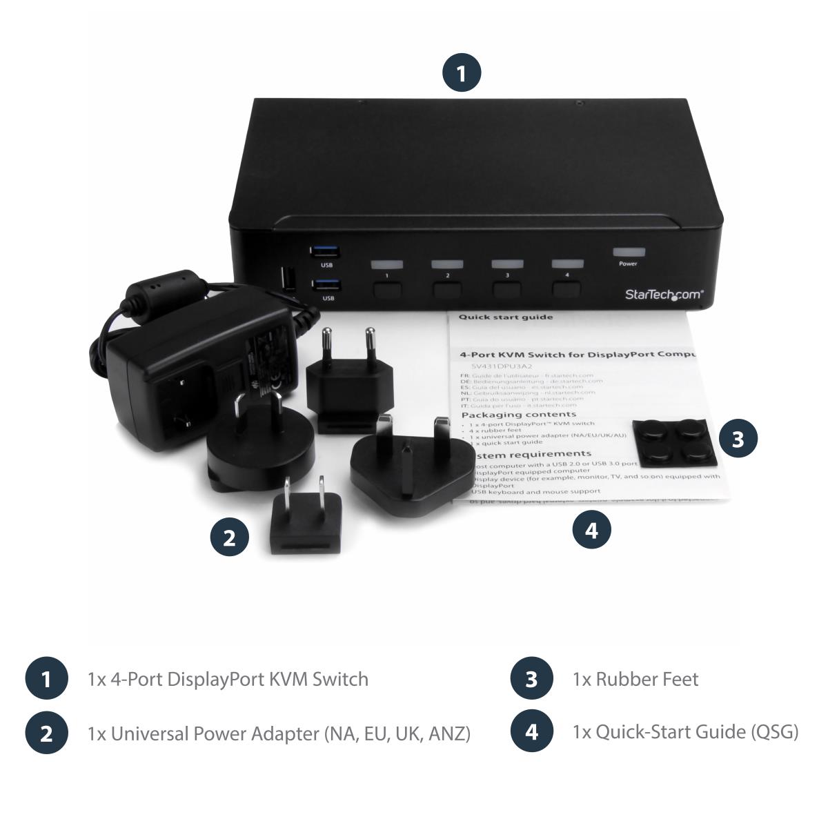 4 Port DisplayPort KVM Switch - DP KVM Switch with Audio and Built-in USB 3.0 Hub for Peripherals - 4K 30Hz (SV431DPU3A2) - KVM / USB switch - 4 x KVM / audio / USB + 3 x SuperSpeed USB - 1 local user - rack-mountable - AC 120/230 V / DC 9 - 12 V - for P/ thumbnail