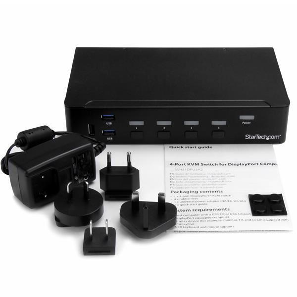 4 Port DisplayPort KVM Switch - DP KVM Switch with Audio and Built-in USB 3.0 Hub for Peripherals - 4K 30Hz (SV431DPU3A2) - KVM / USB switch - 4 x KVM / audio / USB + 3 x SuperSpeed USB - 1 local user - rack-mountable - AC 120/230 V / DC 9 - 12 V - for P/ thumbnail
