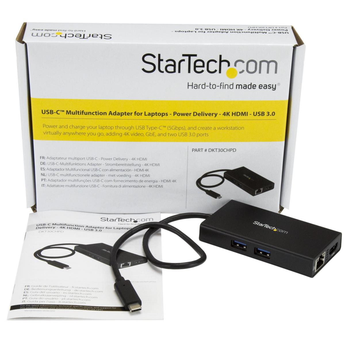 USB-C Multiport Adapter, USB-C Travel Docking Station with 4K HDMI, 60W Power Delivery Pass-Through, Ethernet (GbE), 2x USB-A 3.0 Hub, Portable Mini USB Type-C Dock for Laptop - Portable USB-C Dock (DKT30CHPD) - Adapter - TAA Compliant - USB-C male to RJ- thumbnail