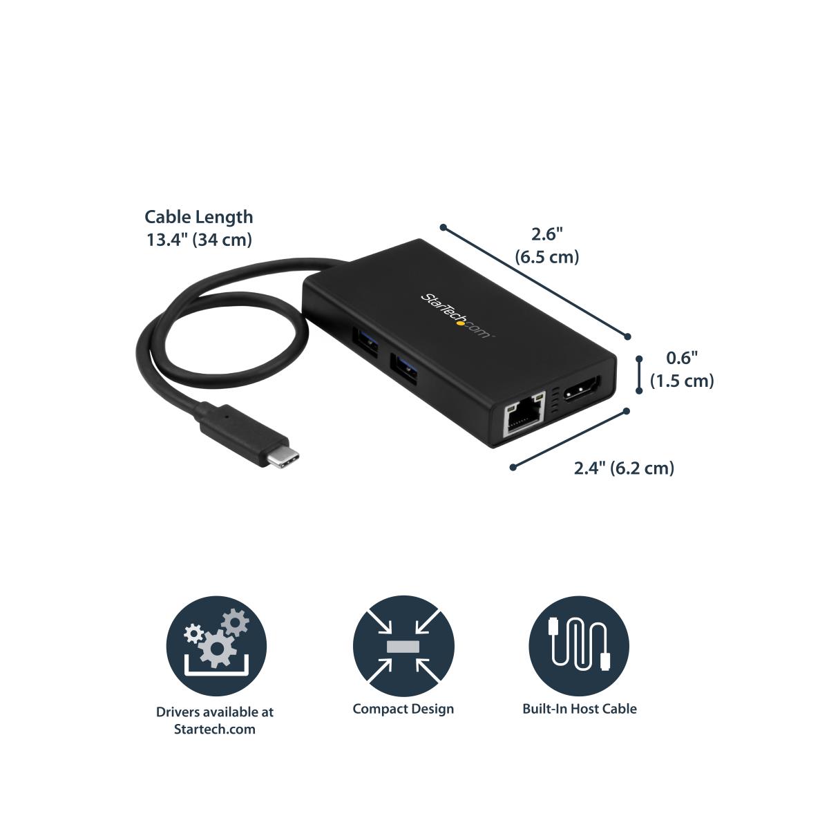 USB-C Multiport Adapter, USB-C Travel Docking Station with 4K HDMI, 60W Power Delivery Pass-Through, Ethernet (GbE), 2x USB-A 3.0 Hub, Portable Mini USB Type-C Dock for Laptop - Portable USB-C Dock (DKT30CHPD) - Adapter - TAA Compliant - USB-C male to RJ- thumbnail