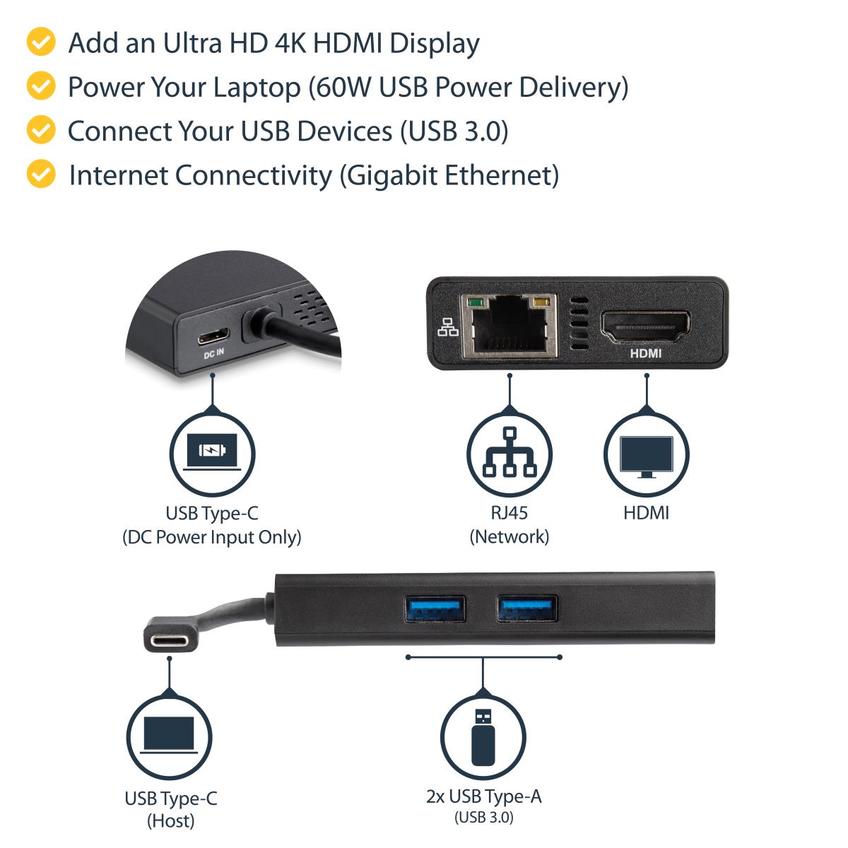 USB-C Multiport Adapter, USB-C Travel Docking Station with 4K HDMI, 60W Power Delivery Pass-Through, Ethernet (GbE), 2x USB-A 3.0 Hub, Portable Mini USB Type-C Dock for Laptop - Portable USB-C Dock (DKT30CHPD) - Adapter - TAA Compliant - USB-C male to RJ- thumbnail