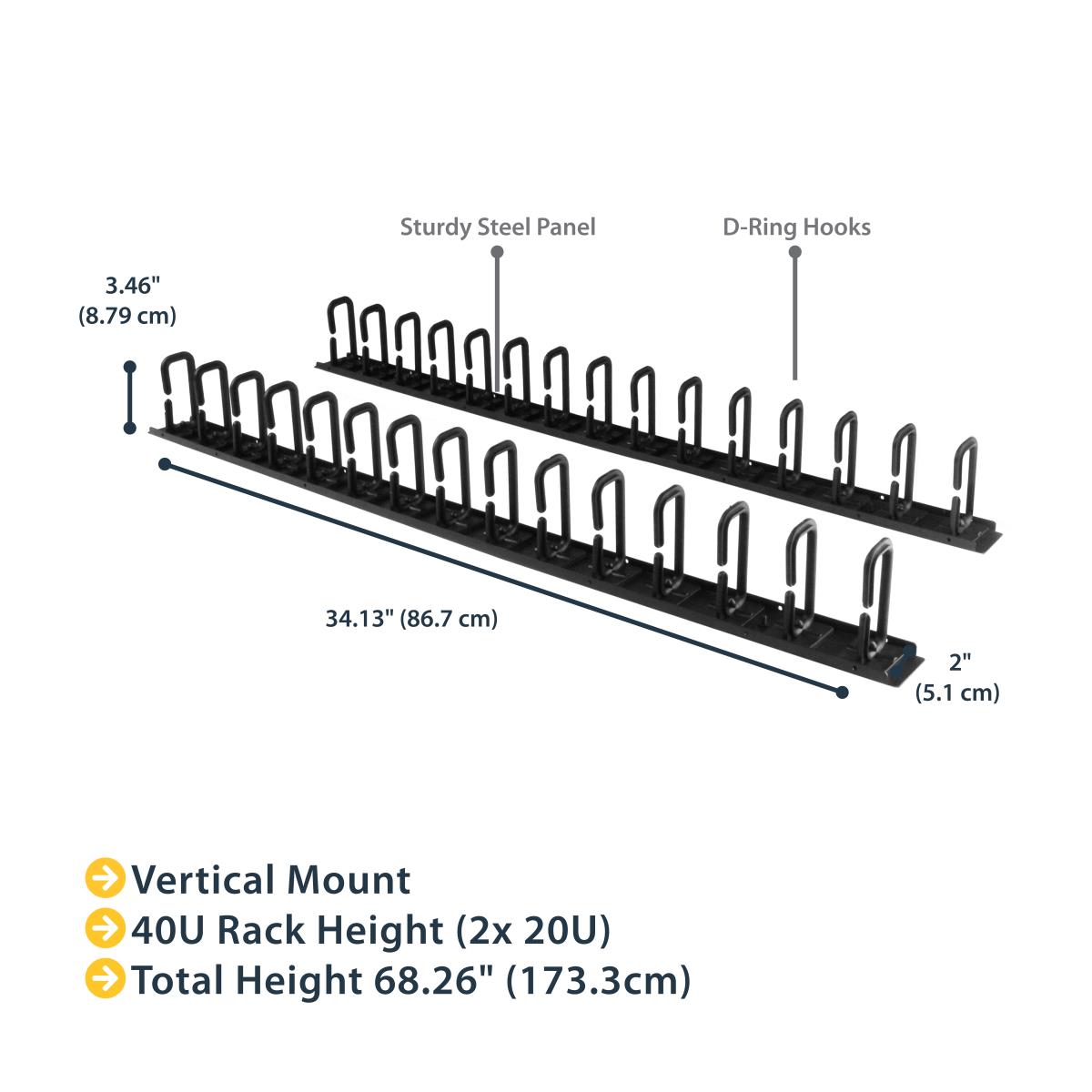 Vertical 0U Server Rack Cable Management w/ D-Ring Hooks - 40U Network Rack Cord Manager Panels - 2x 3ft Wire Organizers (CMVER40UD) - D-ring cable management kit - 1.83 m - black - 40U - for P/N: RK2537BKM, RK4242BK24, RK4242BK30 thumbnail