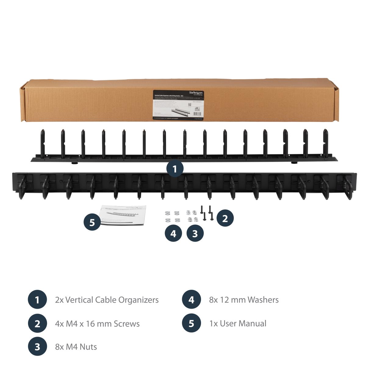 Vertical 0U Server Rack Cable Management w/ D-Ring Hooks - 40U Network Rack Cord Manager Panels - 2x 3ft Wire Organizers (CMVER40UD) - D-ring cable management kit - 1.83 m - black - 40U - for P/N: RK2537BKM, RK4242BK24, RK4242BK30 thumbnail